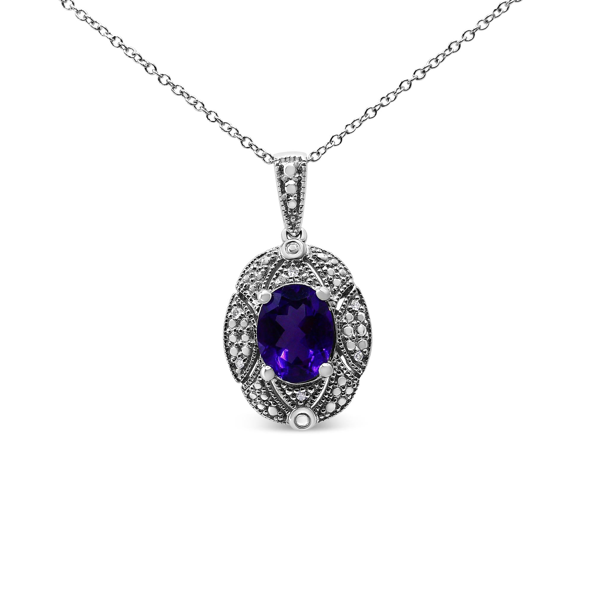 .925 Sterling Silver Diamond Accent and 9x7mm Purple Oval Amethyst Gemstone Pendant 18" Necklace (I-J Color, I1-I2 Clarity)