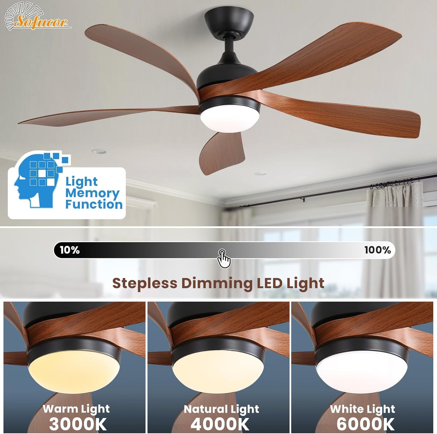 52 Inch Smart Ceiling Fan Three Color Lighting Remote