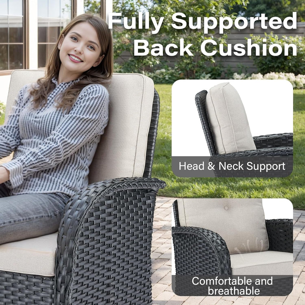 3 Piece Black Wicker Patio Furniture Set With Swivel Rocker Chairs And Side Table Beige Cushions