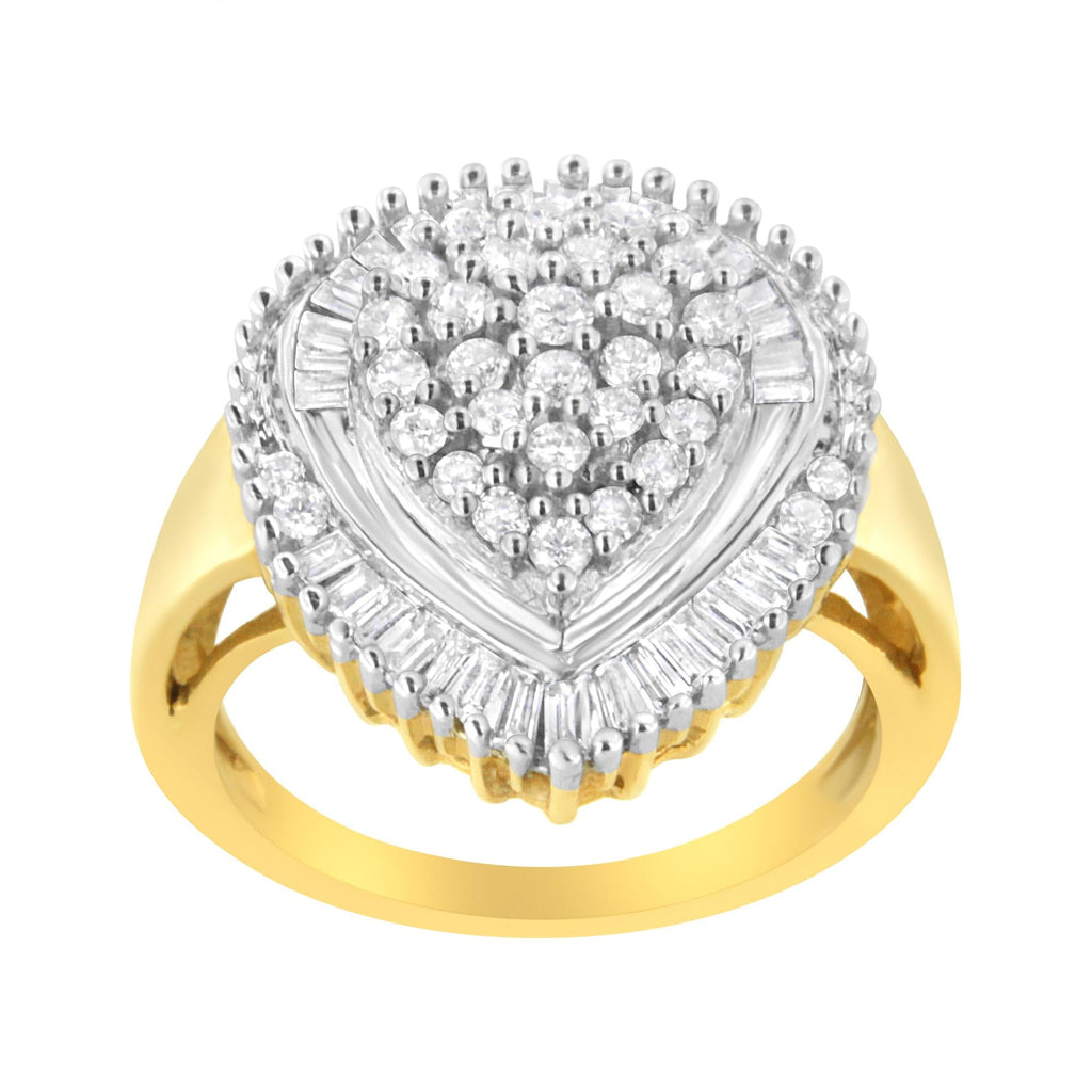 10K Yellow Gold 1.0 Cttw Round and Baguette Cut Diamond Oval Shaped Cluster Ring (I-J Color, I1-I2 Clarity)