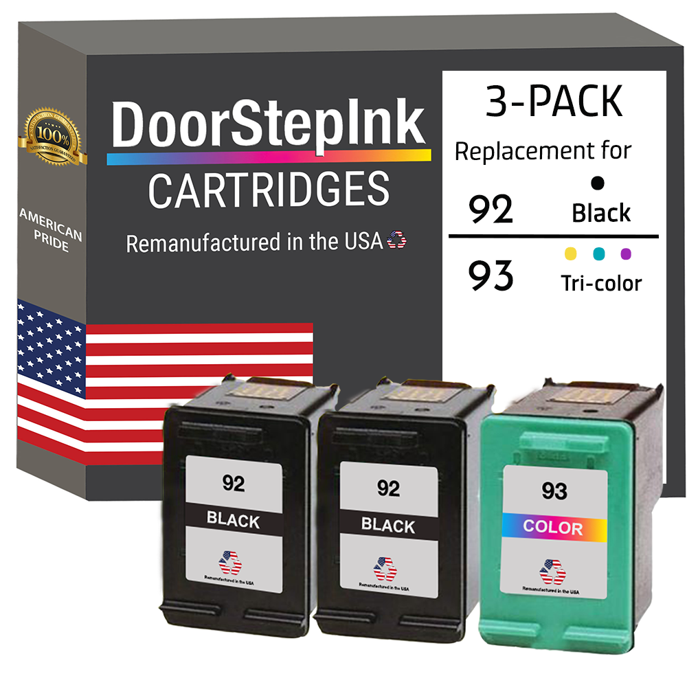 DoorStepInk Brand for HP 92 2 Black / 93 1 Color Remanufactured in the USA Ink Cartridges 3-Pack