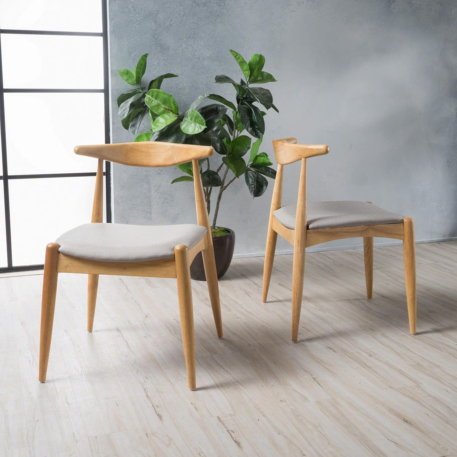 Beige Fabric Dining Chairs With Oak Finish 2 Pack Set