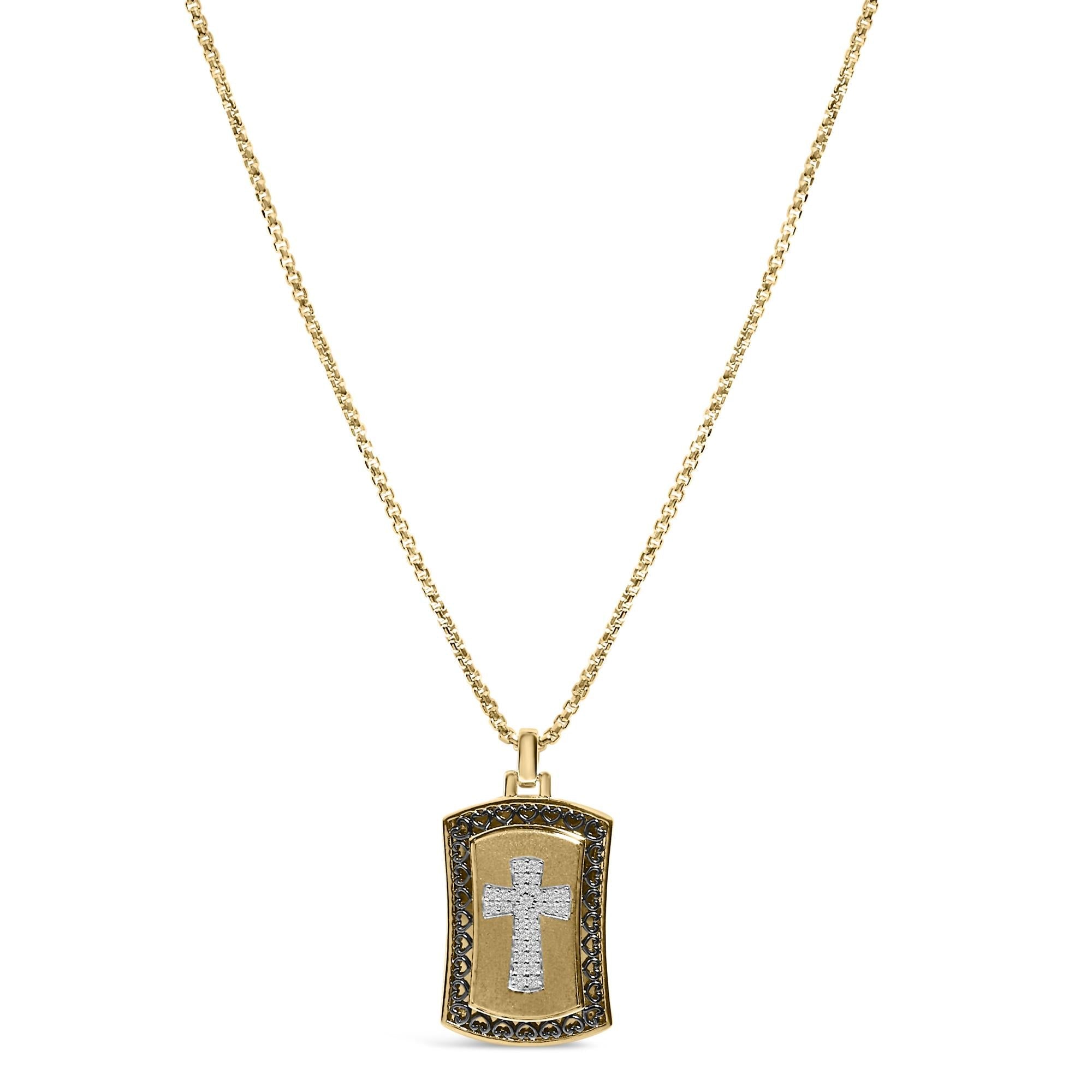 14K Yellow Gold Plated Sterling Silver 1/4 Cttw Diamond Cross Dog Tag Pendant Necklace
