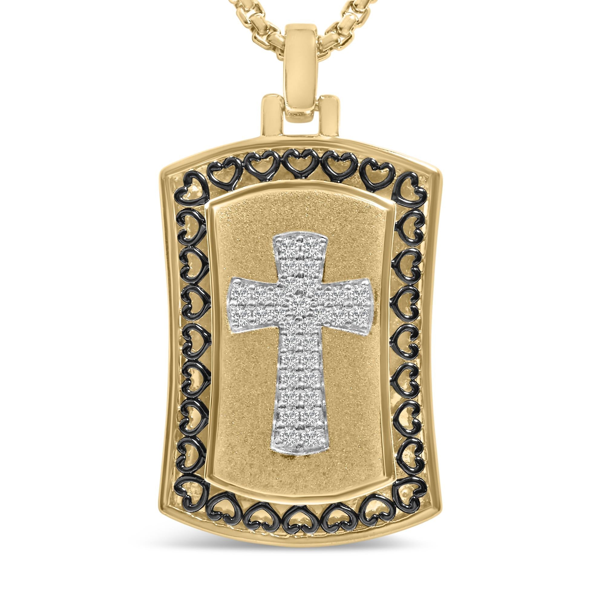 14K Yellow Gold Plated Sterling Silver 1/4 Cttw Diamond Cross Dog Tag Pendant Necklace