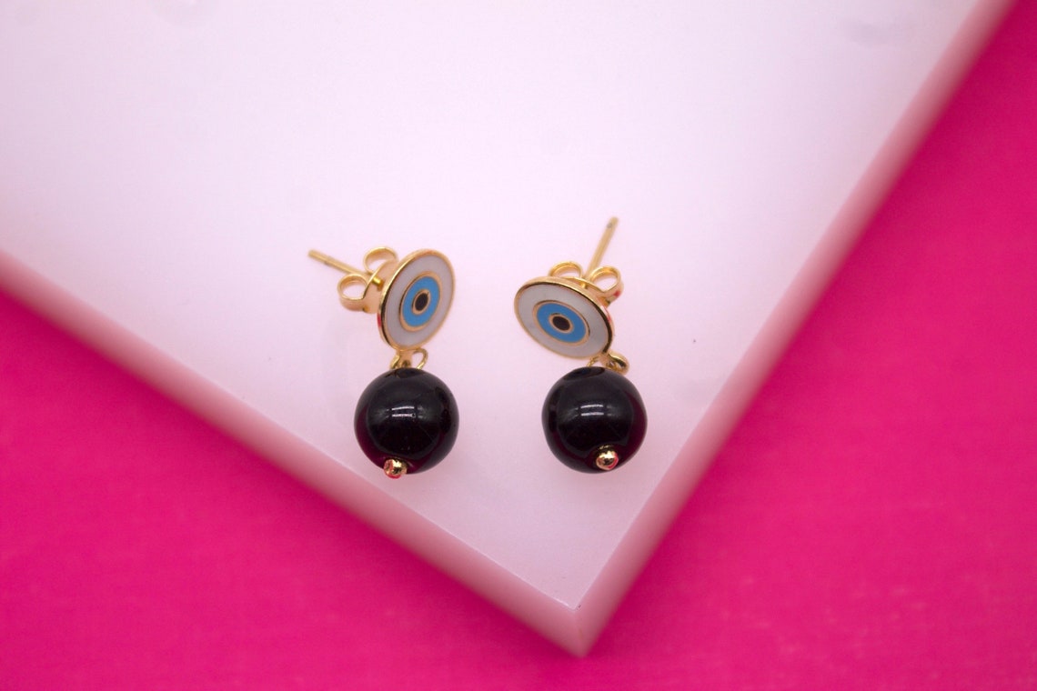 18K Gold Filled Blue Evil Eye Studs With Dangle Black Bead