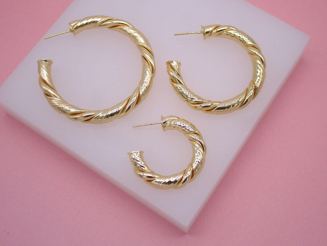 18K Gold Filled Twisted Hoop Stud Earrings | Gold Circle Twisted Hoop | Twisted Open Hoop (J77, J79)