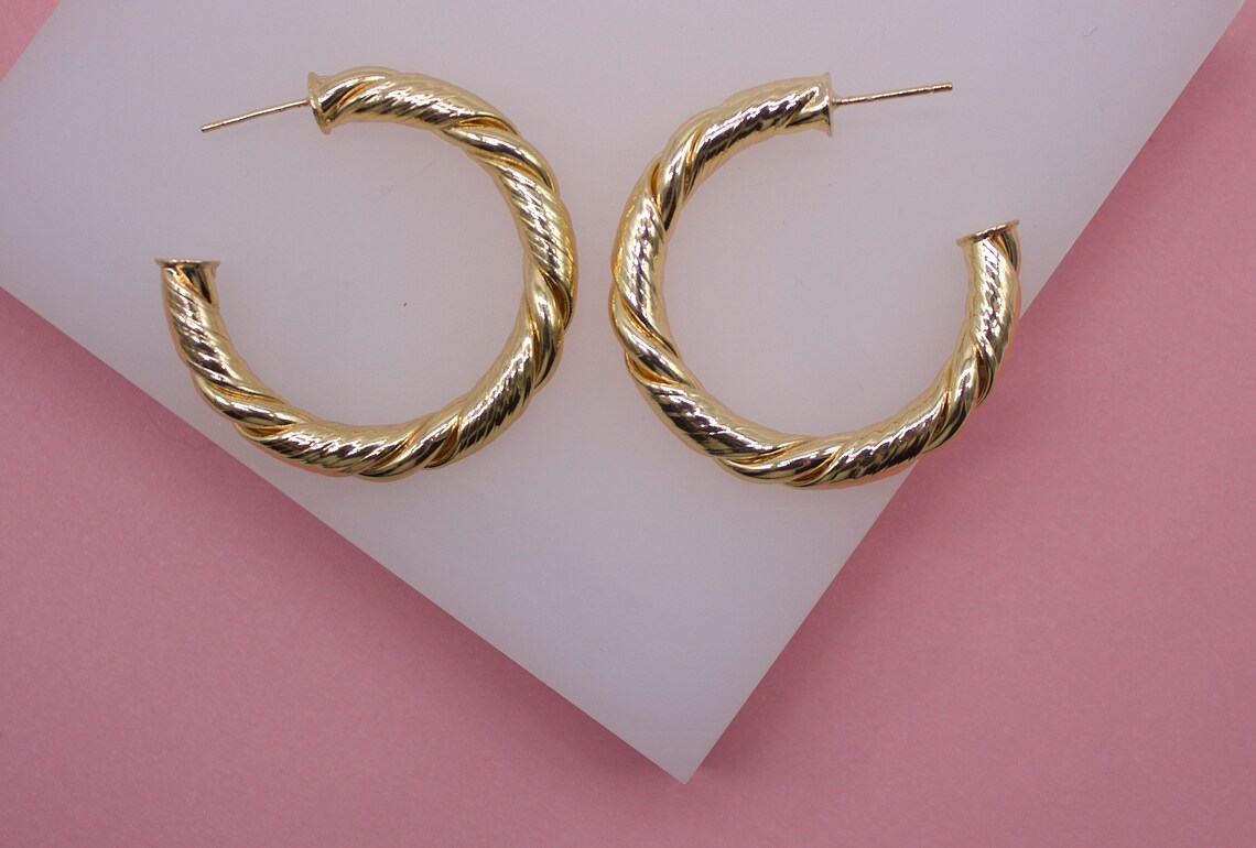 18K Gold Filled Twisted Hoop Stud Earrings | Gold Circle Twisted Hoop | Twisted Open Hoop (J77, J79)