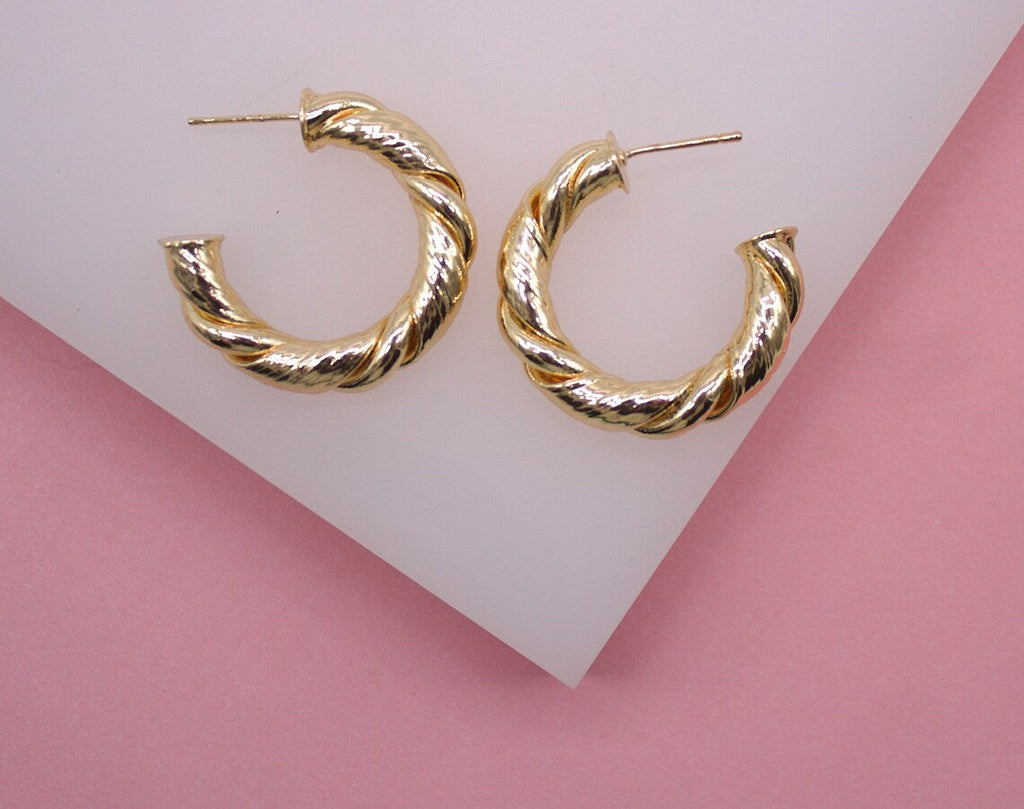 18K Gold Filled Twisted Hoop Stud Earrings | Gold Circle Twisted Hoop | Twisted Open Hoop (J77, J79)