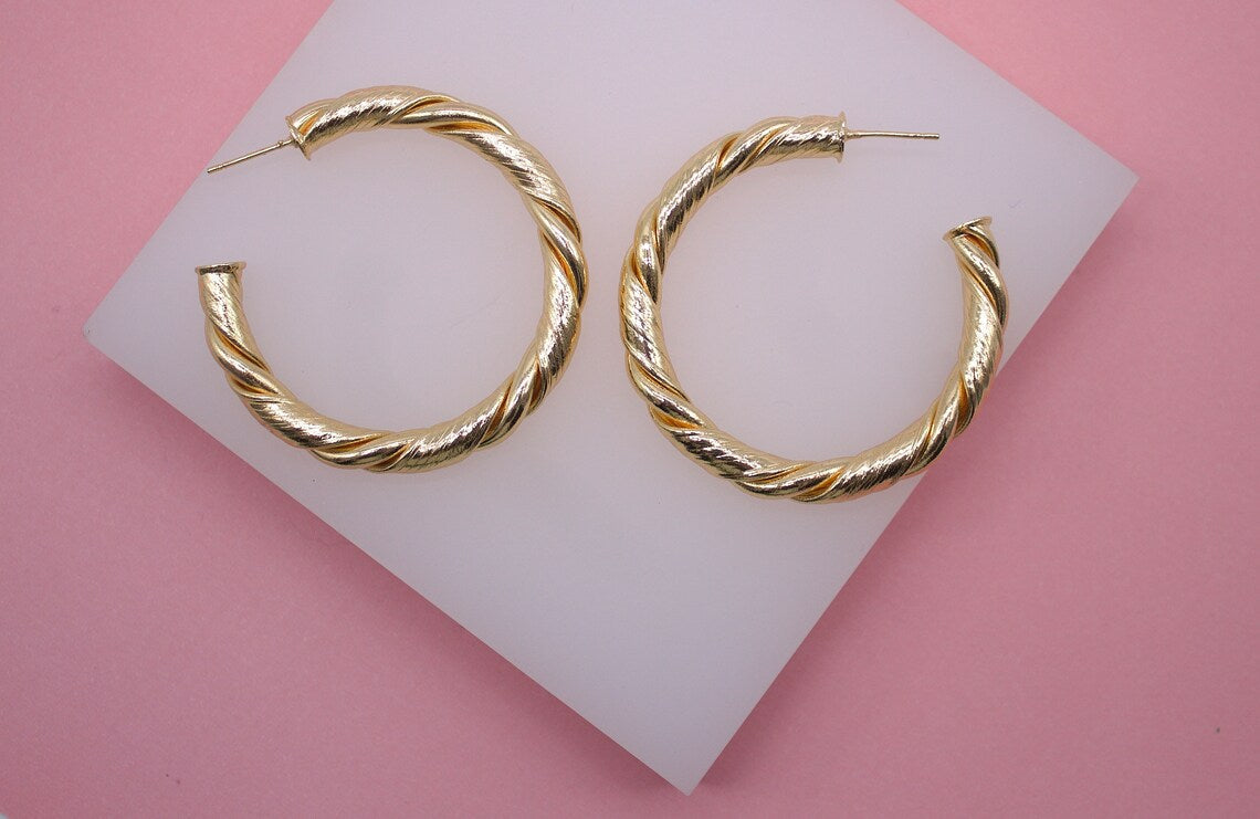 18K Gold Filled Twisted Hoop Stud Earrings | Gold Circle Twisted Hoop | Twisted Open Hoop (J77, J79)