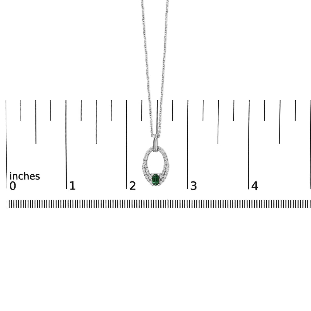 .925 Sterling Silver Created Green Emerald and White Sapphire Oval Shaped Pendant Necklace - 18" Inches