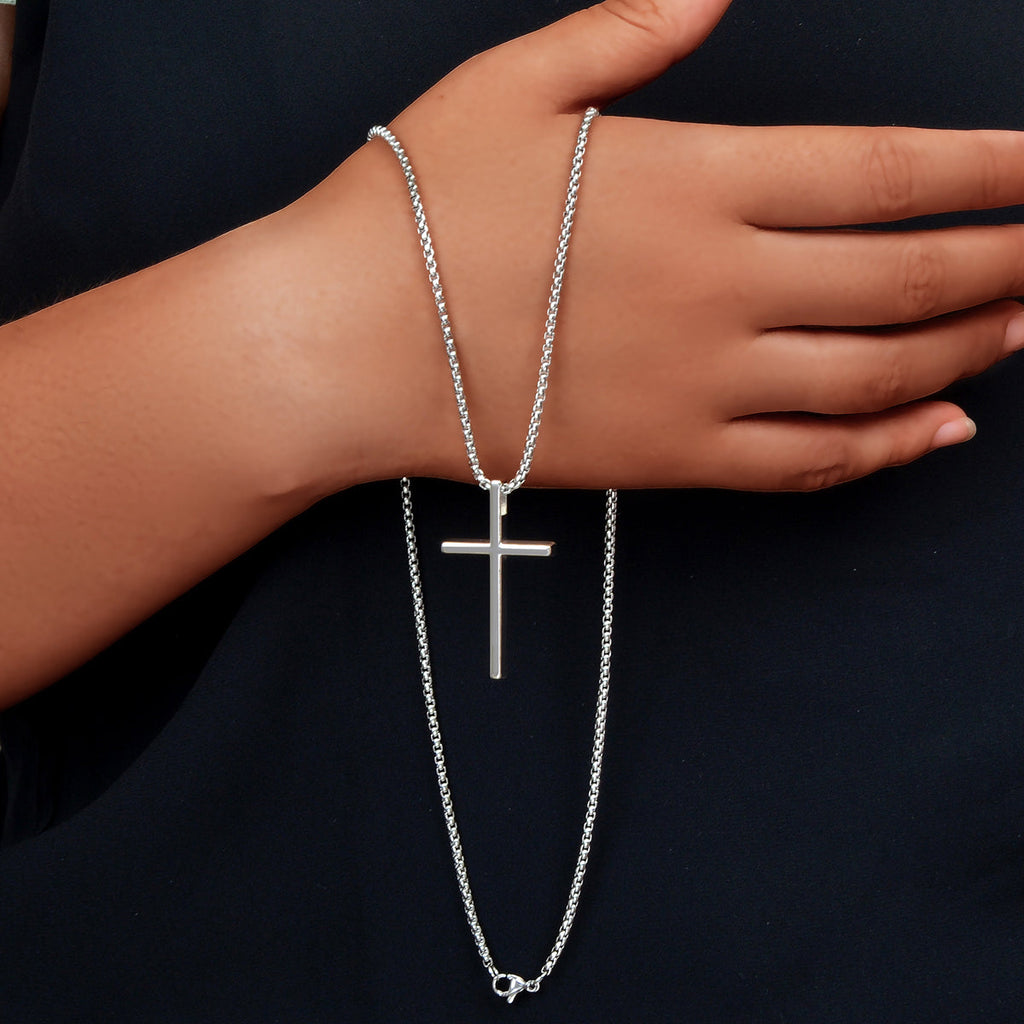 Punk Rock Titanium Steel Silver Long Chain Cross Pendant Necklace for Men Party
