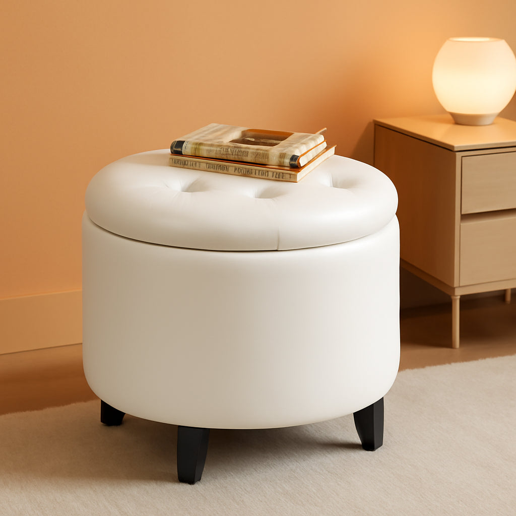 Round Storage Ottoman Ivory Faux Leather Nineteen Point Seven Five Inches-0