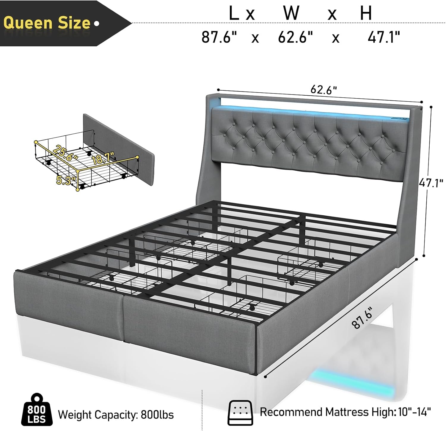Queen Bed Frame With Storage Headboard LED Lighting