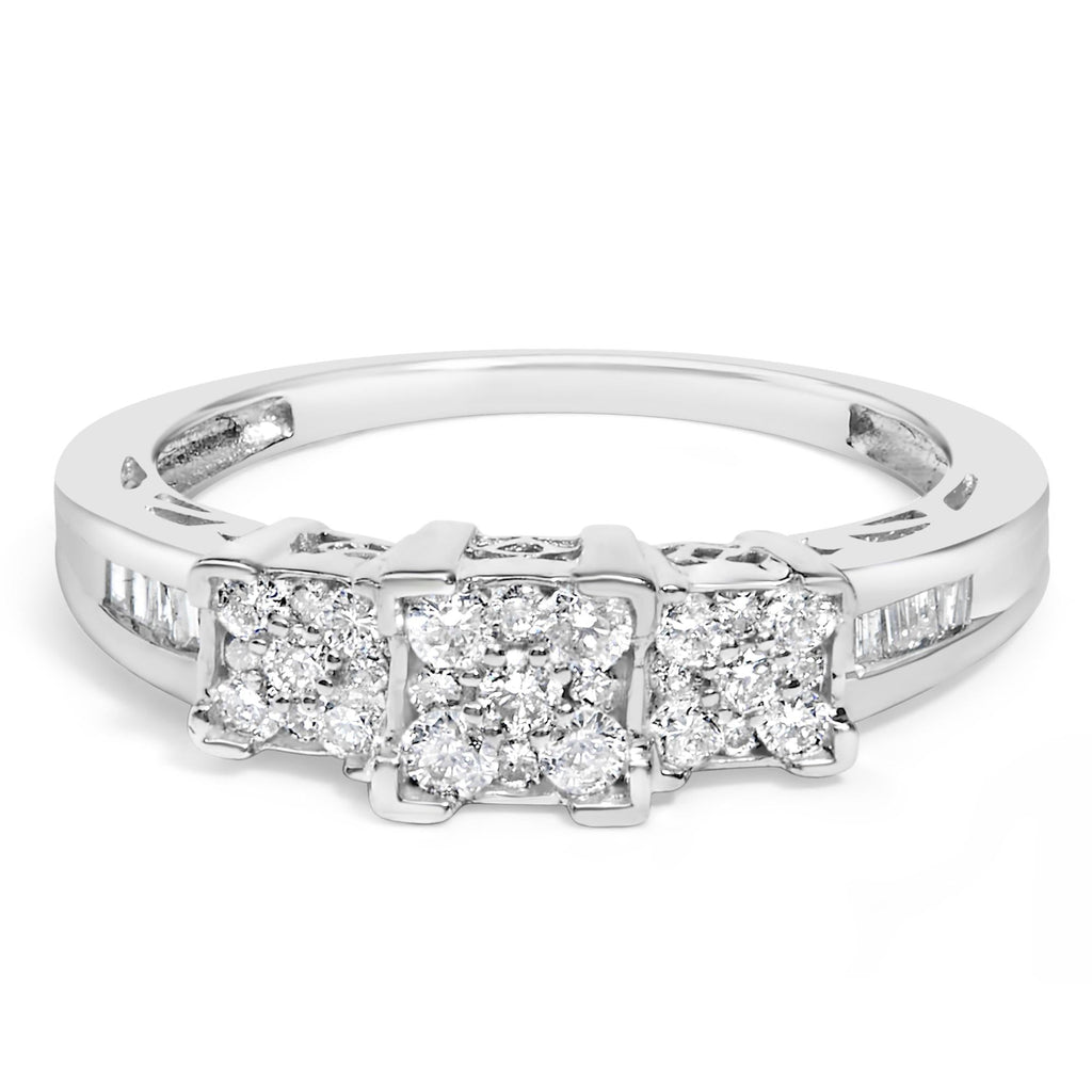 10K White Gold 1/2 Cttw Brilliant & Baguette Cut Diamond 3 Stone Design with 3 Square Clusters Engagement Ring (H-I Color, SI2-I1 Clarity)