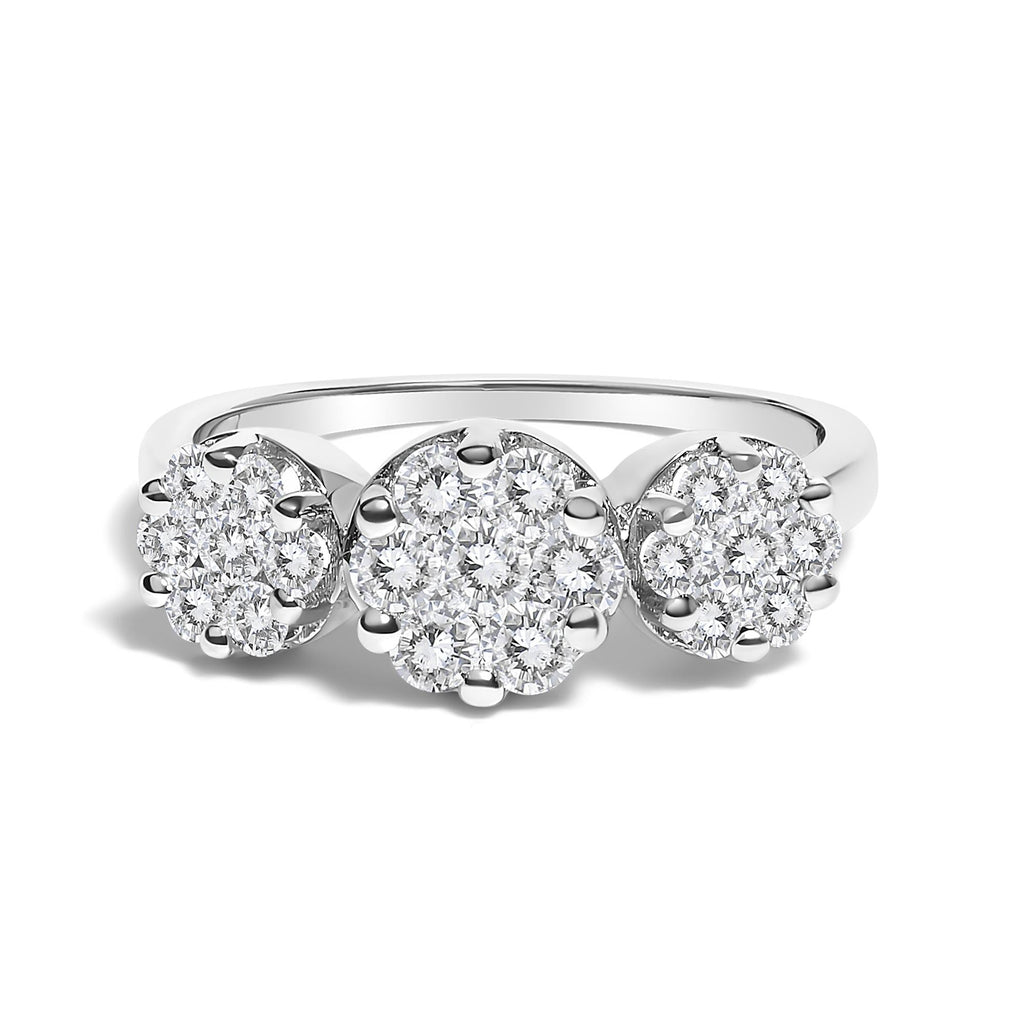 14K White Gold 1-1/4 Cttw Brilliant Cut Diamond Three Round Floral Clusters Engagement or Fashion Ring (H-I Color, SI2-I1 Clarity)