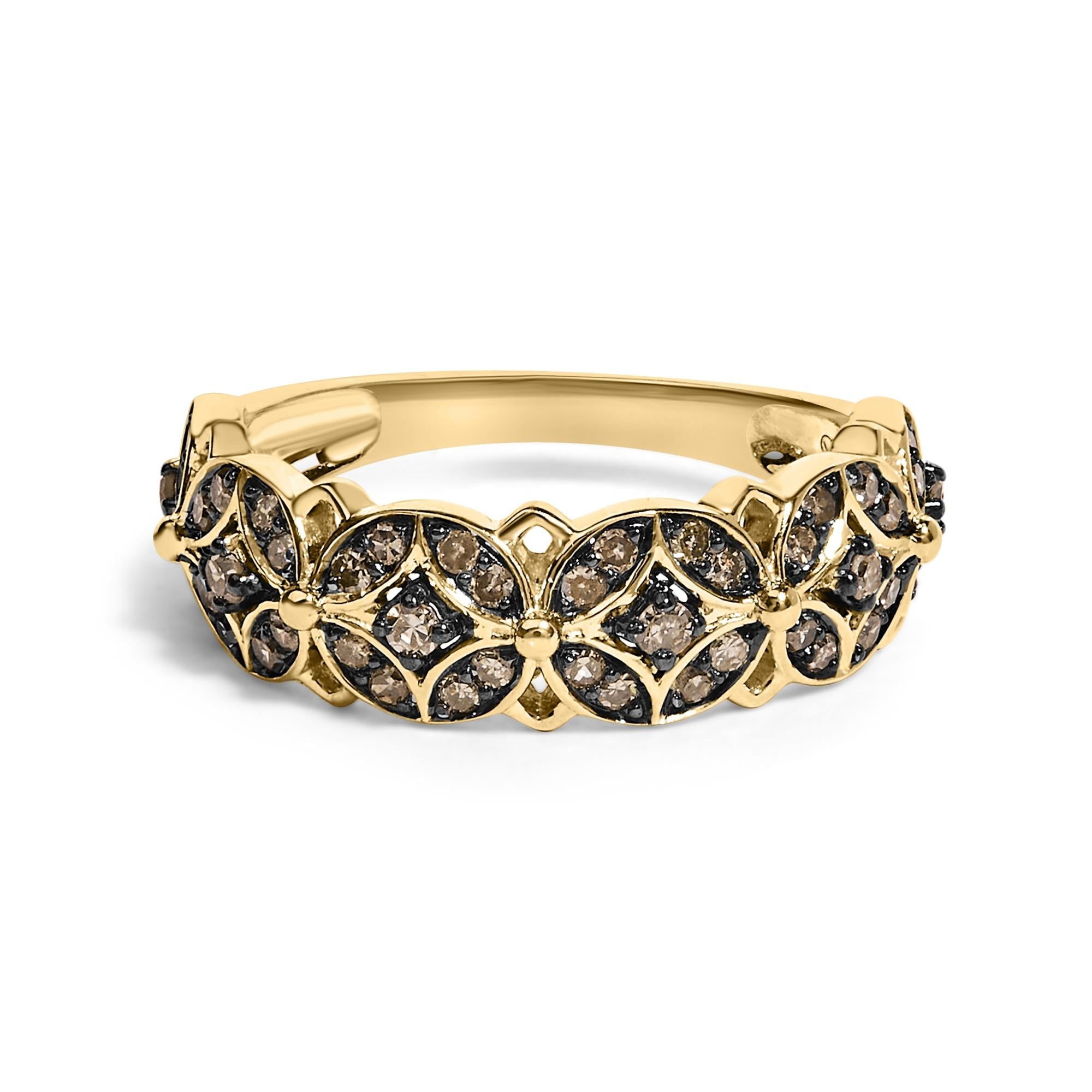 10K Yellow Gold Plated .925 Sterling Silver 3/8 Cttw Champagne Diamond Lattice Work Band Ring