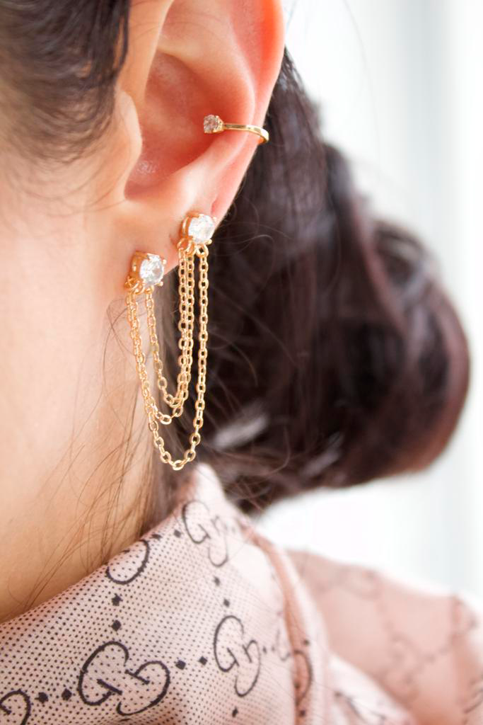Triple Chain Drop Dangle CZ 2 Studs Earrings (K339)