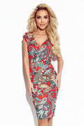 Numoco 379-1 BOYKA Fitted dress with an envelope neckline - red boho pattern