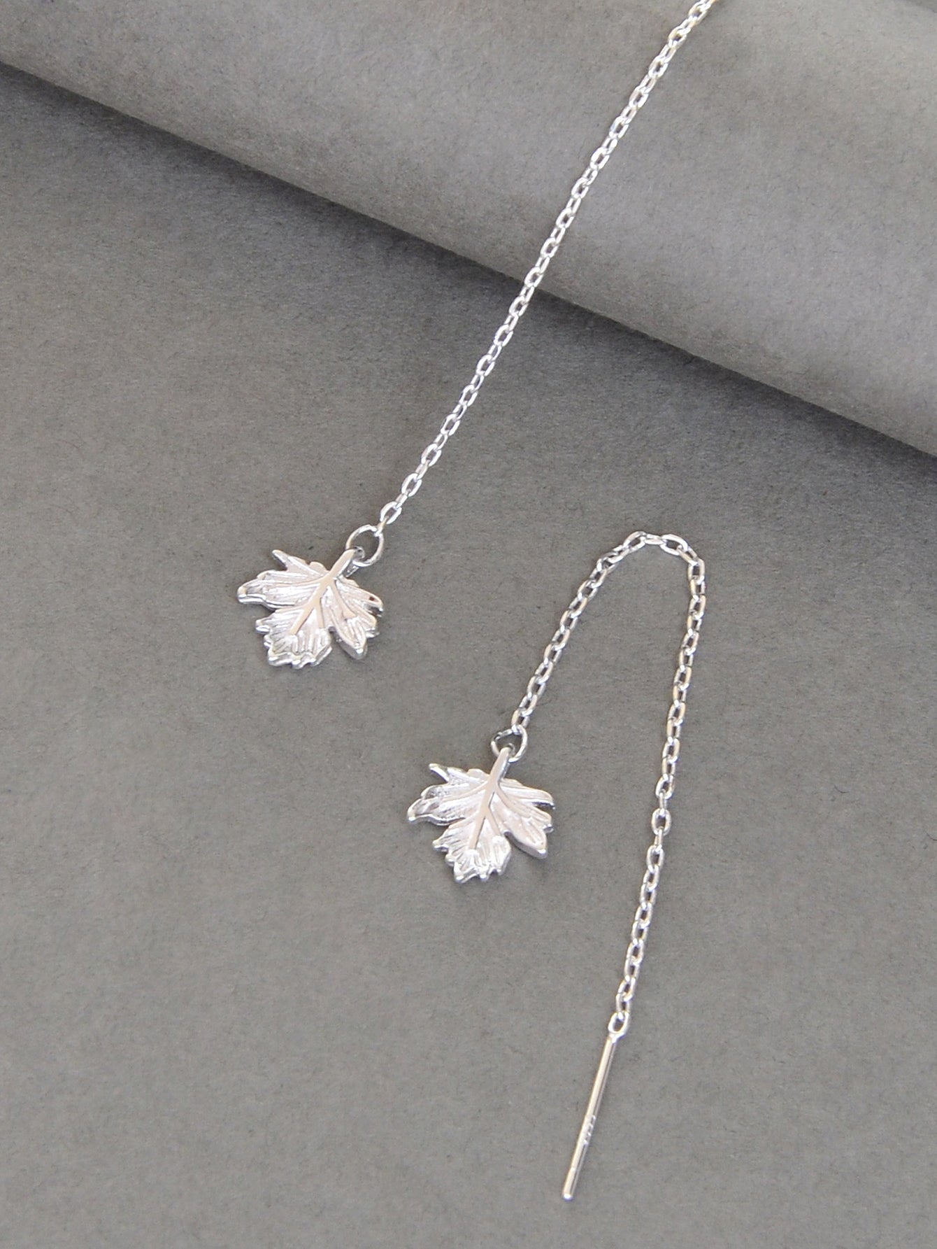 Minimalist Silver Tassel Maple Leaf Long Chain Threader Dangle Earrings Ear Line