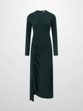 Side Shirred Button Down Knit Dress-Hunter Green