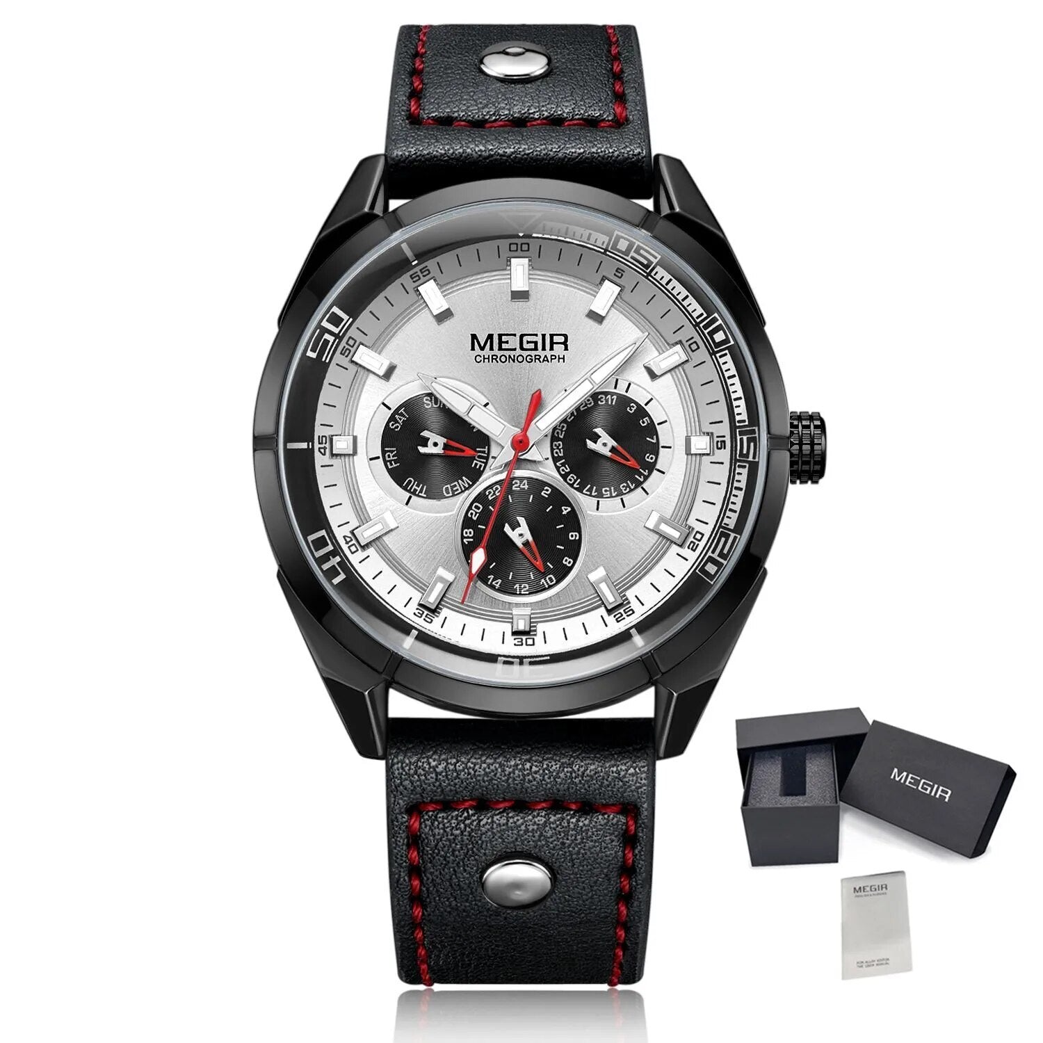 MEGIR Fashion Quartz Chronograph Watch for Men Leather Strap Military Sport Wristwatch Waterproof 24-hour Week Date Clock 2072