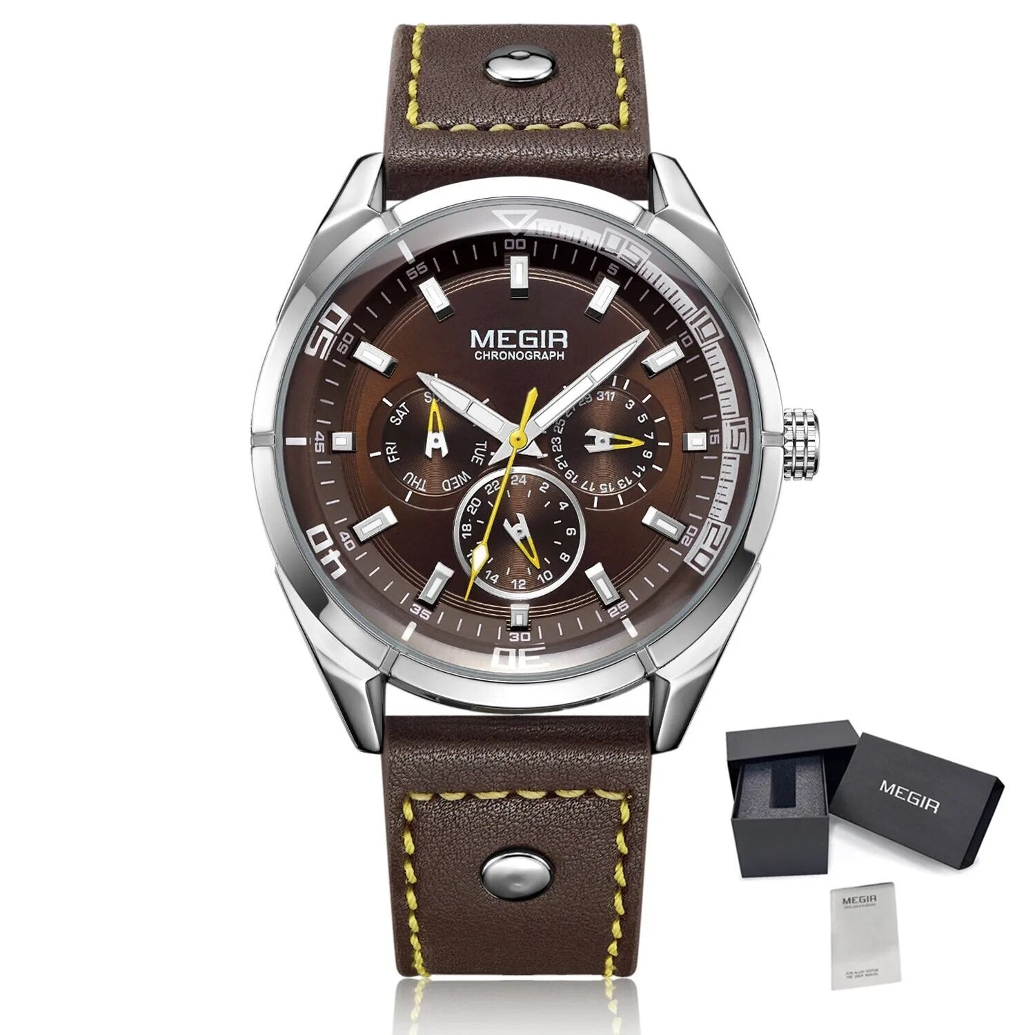 MEGIR Fashion Quartz Chronograph Watch for Men Leather Strap Military Sport Wristwatch Waterproof 24-hour Week Date Clock 2072