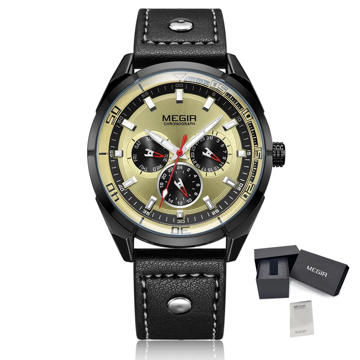 MEGIR Fashion Quartz Chronograph Watch for Men Leather Strap Military Sport Wristwatch Waterproof 24-hour Week Date Clock 2072