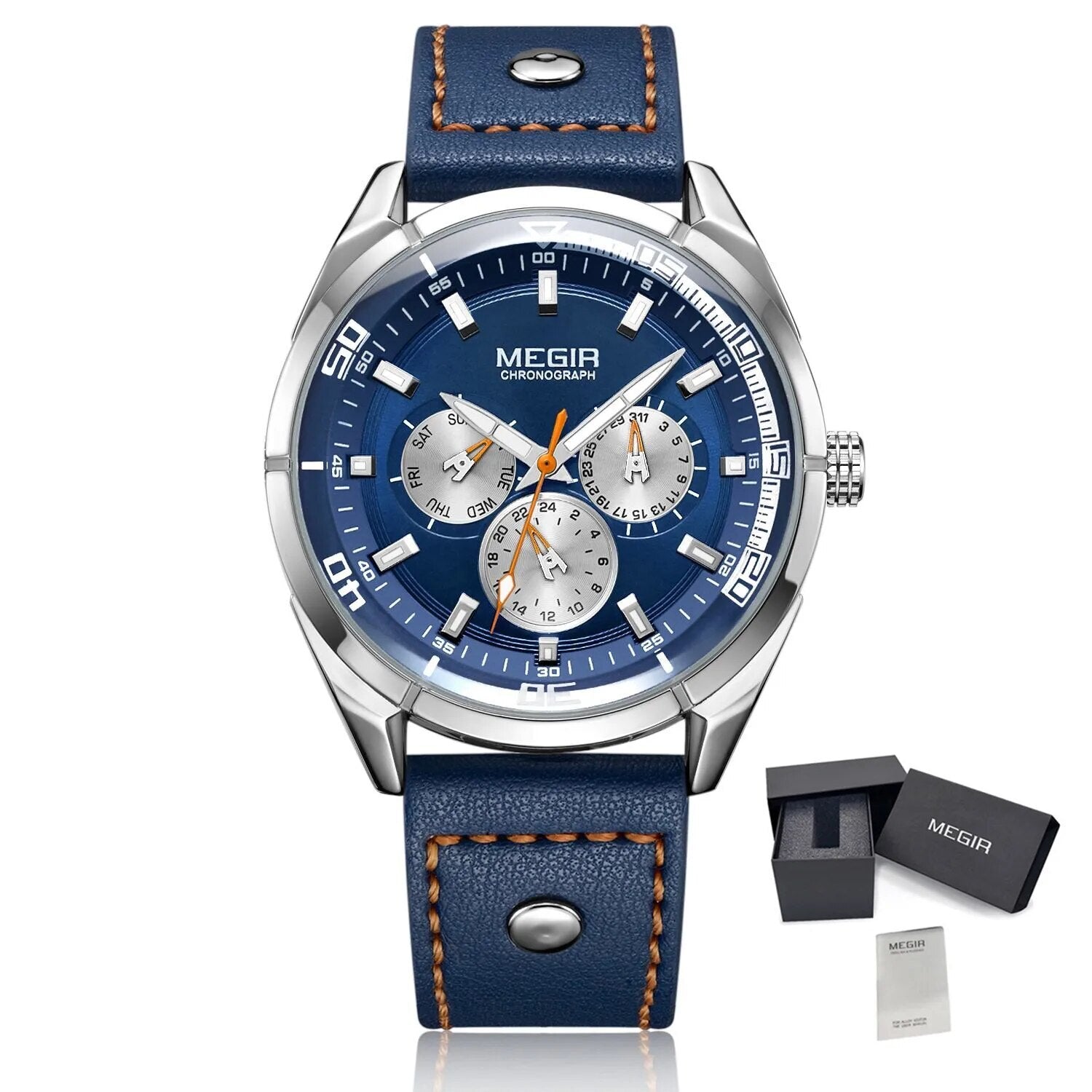 MEGIR Fashion Quartz Chronograph Watch for Men Leather Strap Military Sport Wristwatch Waterproof 24-hour Week Date Clock 2072