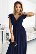 Numoco 411-3 CRYSTAL long shimmering dress with a neckline - navy blue