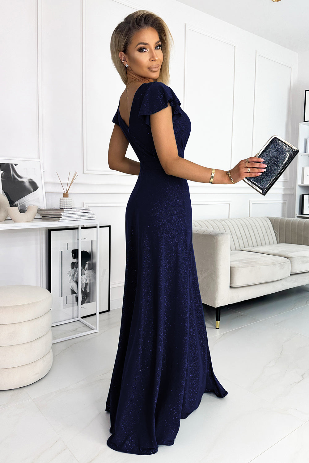 Numoco 411-3 CRYSTAL long shimmering dress with a neckline - navy blue