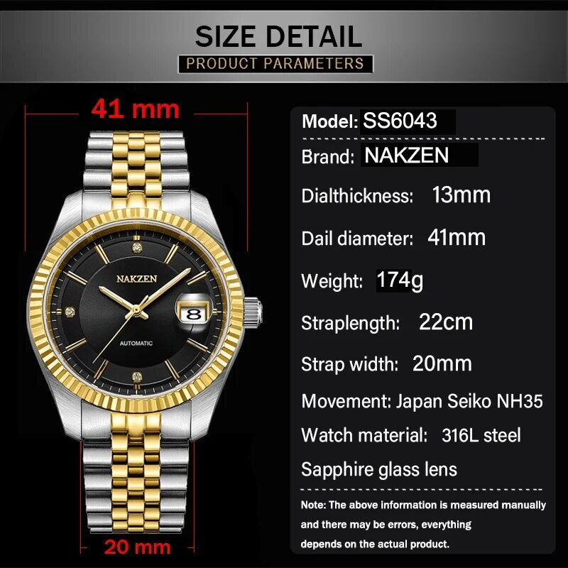 NAKZEN Watch Luxury Men Automatic Mechanical Tourbillon Clock Fashion Sapphire Glass Stainless Steel Waterproof Watches NH35 Mov 6043