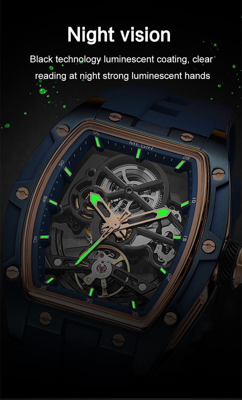 MEGIR Original Fashion Men Watches Automatic Mechanical Watch Steel Case Sport Skeleton Dial Wristwatch Waterproof Clock Reloj Hombre 2242