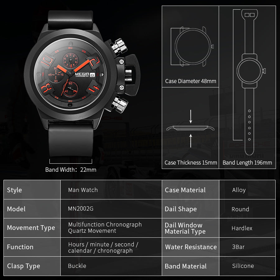 MEGIR Men Watches Luxury Fashion Sport Military Chronograph Luminous Date Quartz Wristwatch Clock Big Dial Relogio Masculino 2002