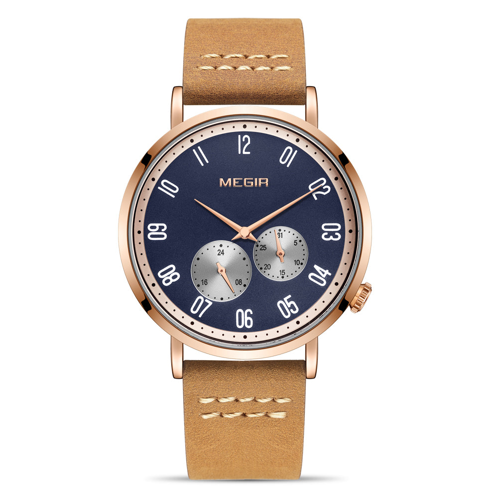 MEGIR Fashion Casual Men Watches Luxury Leather Quartz Sport Wristwatch Waterproof Luminous Clock Large Dial Relogio Masculino 1083