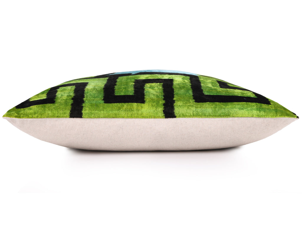 Greek Key Velvet Pillow in Green & Blue – Handmade 24x24 Inch Square