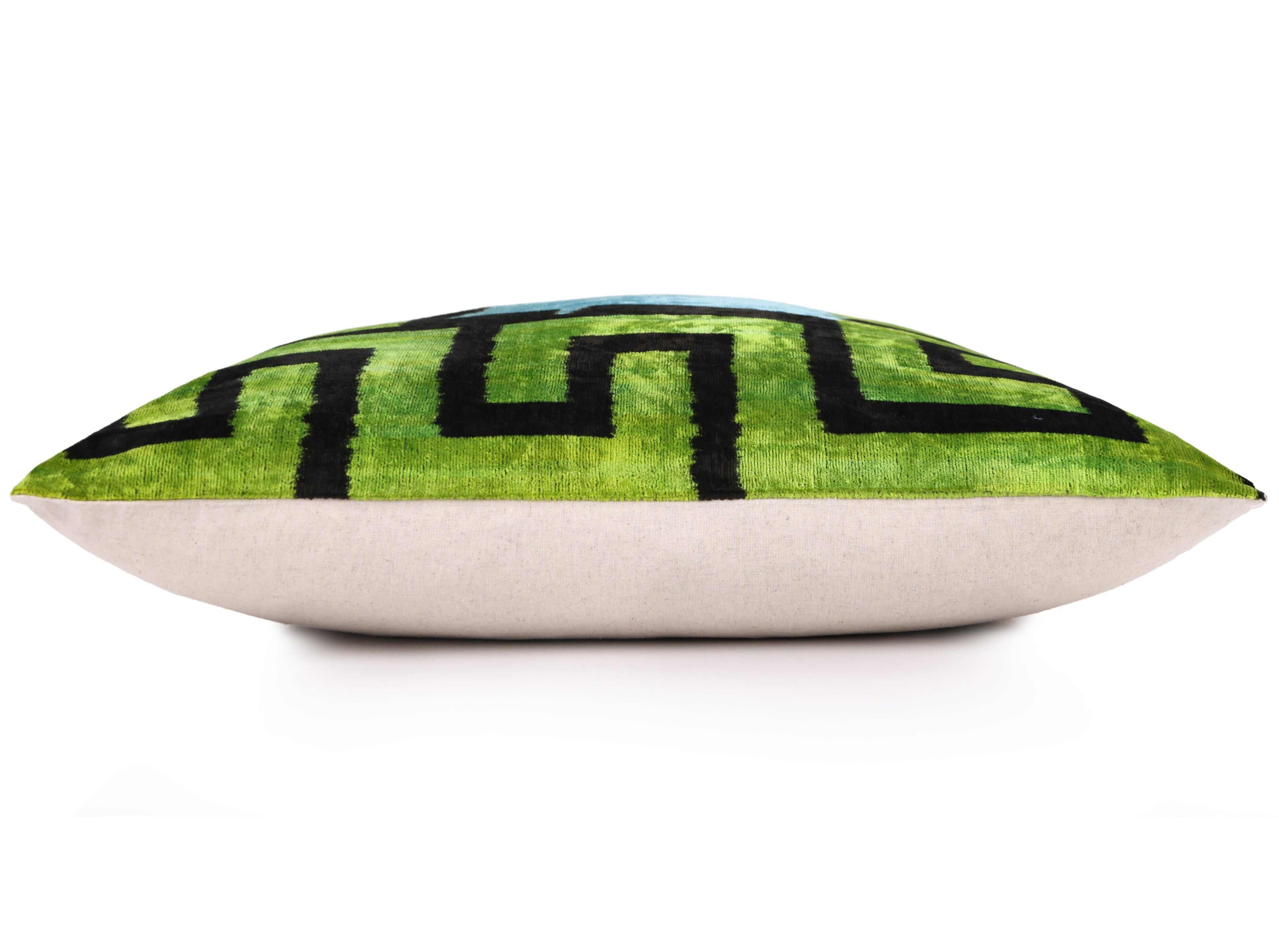 Greek Key Velvet Pillow in Green & Blue – Handmade 24x24 Inch Square