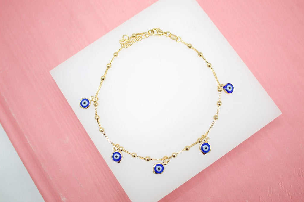 Box and Bead Evil Eye Charm Anklet (E182)