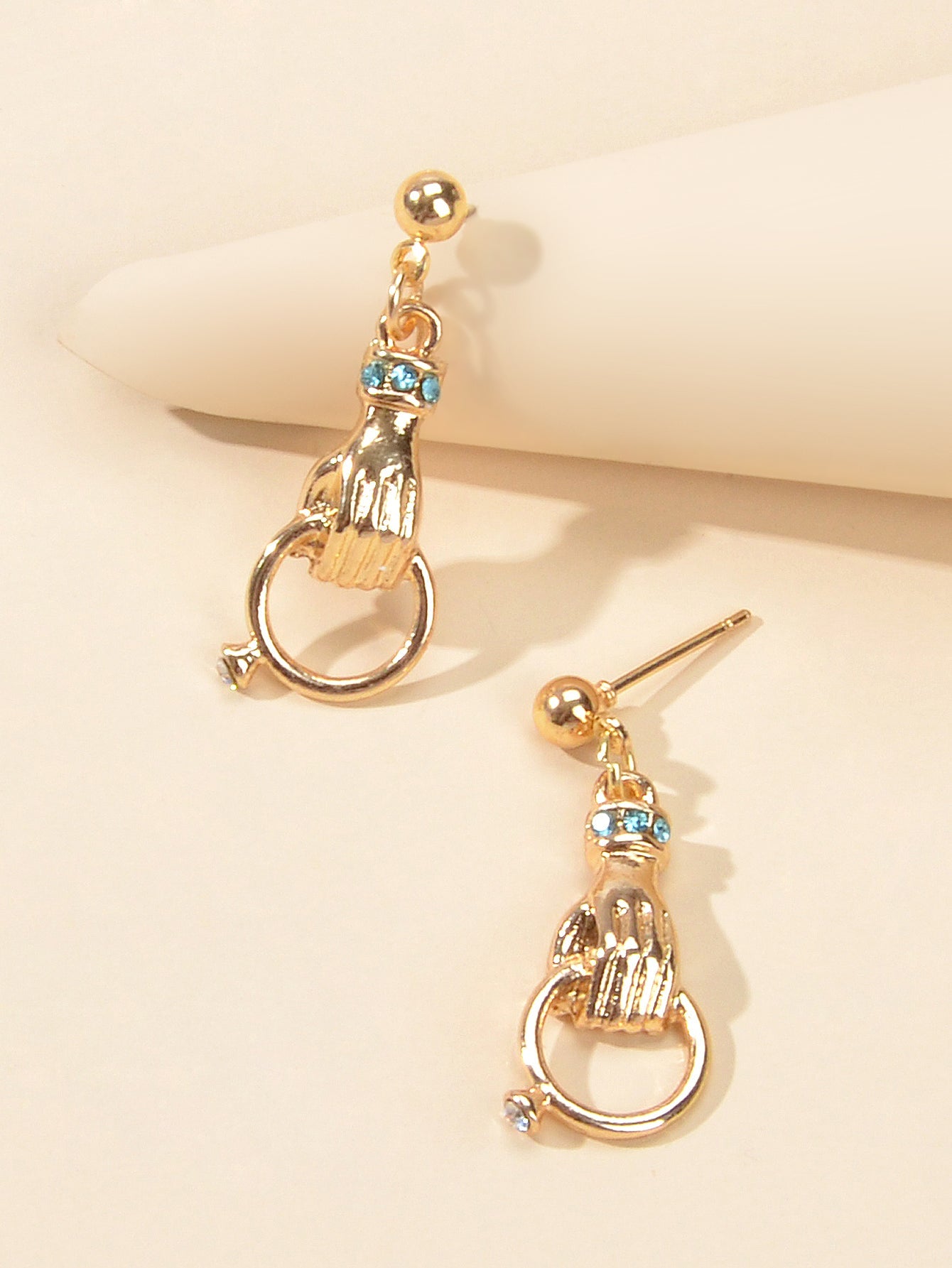 Unique Design Metal Rhinestone Decor Hand with Ring Earrings Women Dainty Gift