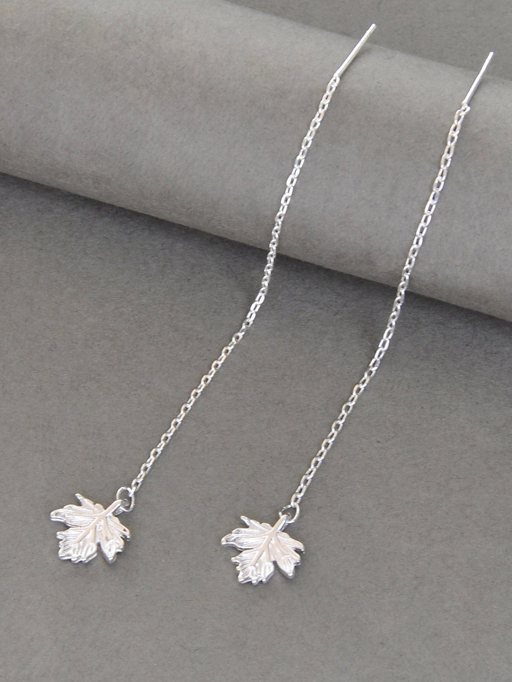 Minimalist Silver Tassel Maple Leaf Long Chain Threader Dangle Earrings Ear Line