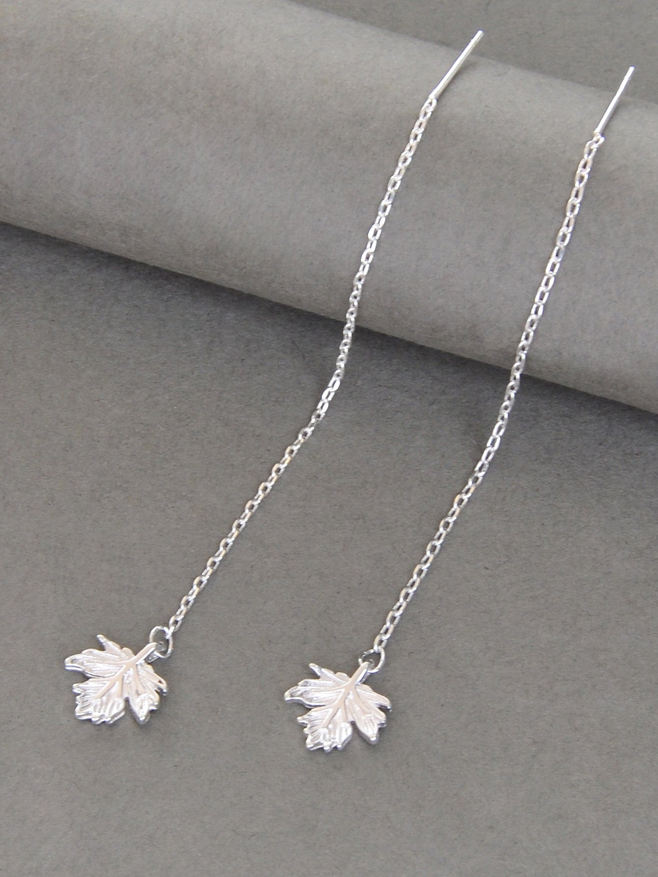 Minimalist Silver Tassel Maple Leaf Long Chain Threader Dangle Earrings Ear Line