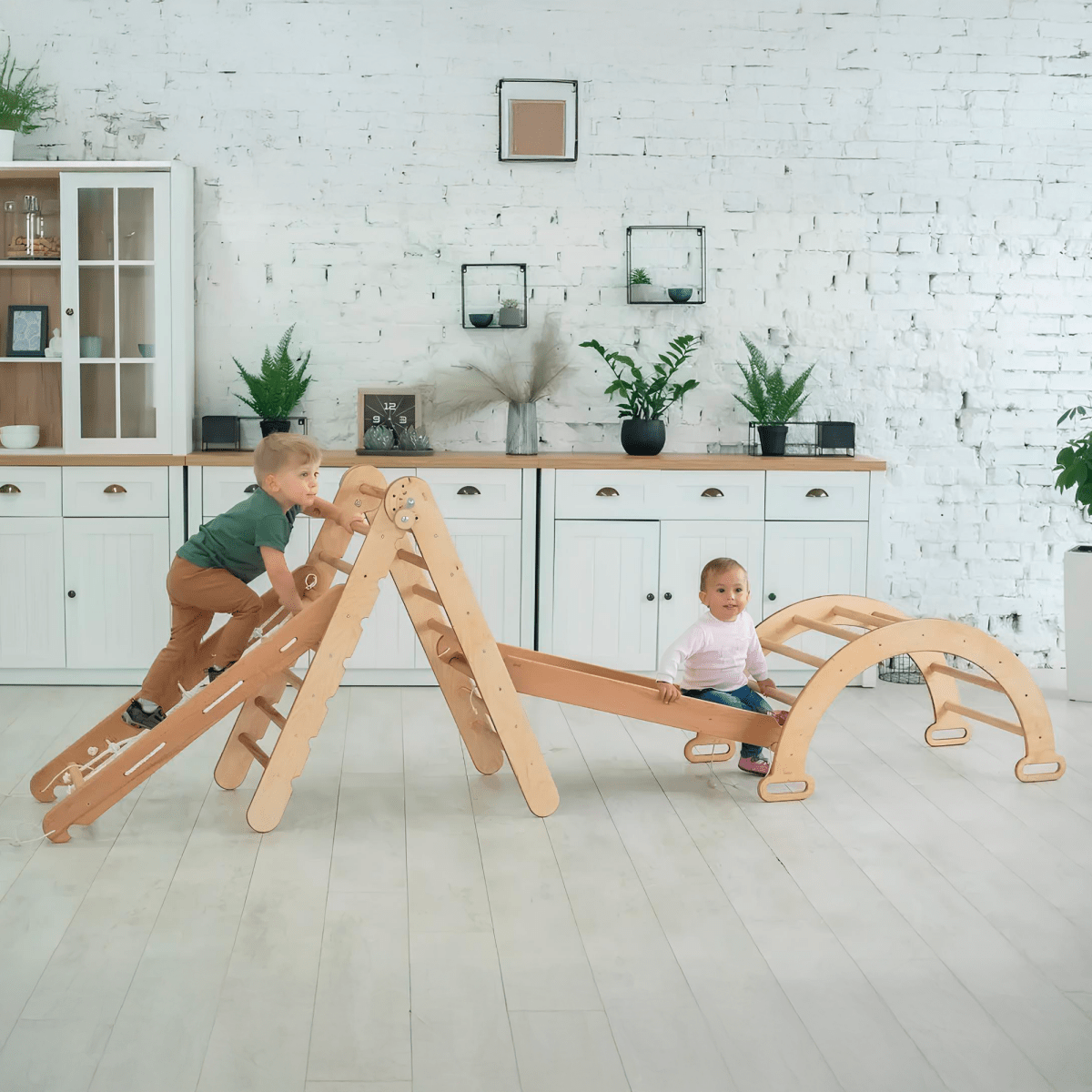 4in1 Montessori Climbing Set: Triangle Ladder + Climbing Arch + Slide Board + Net – Beige