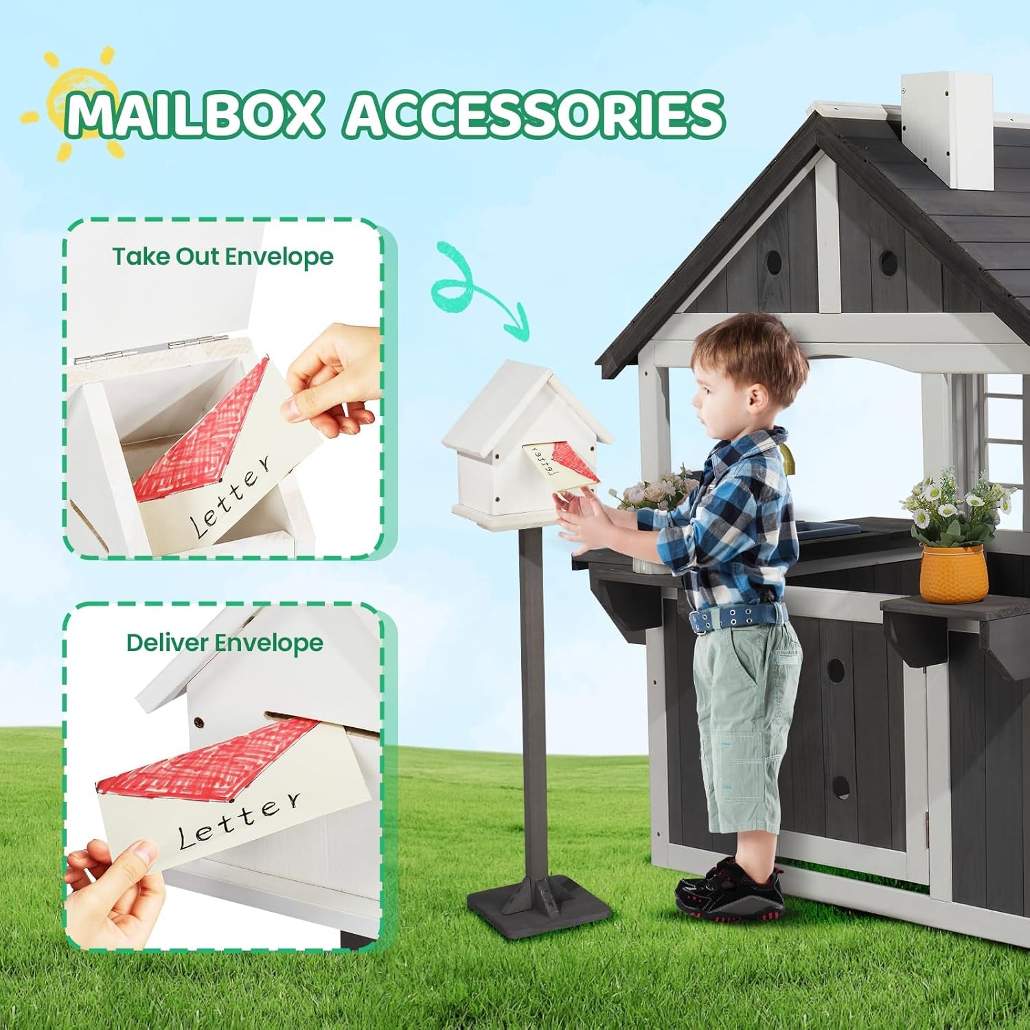 Wooden Outdoor Playhouse Gray White Integrated Sink
