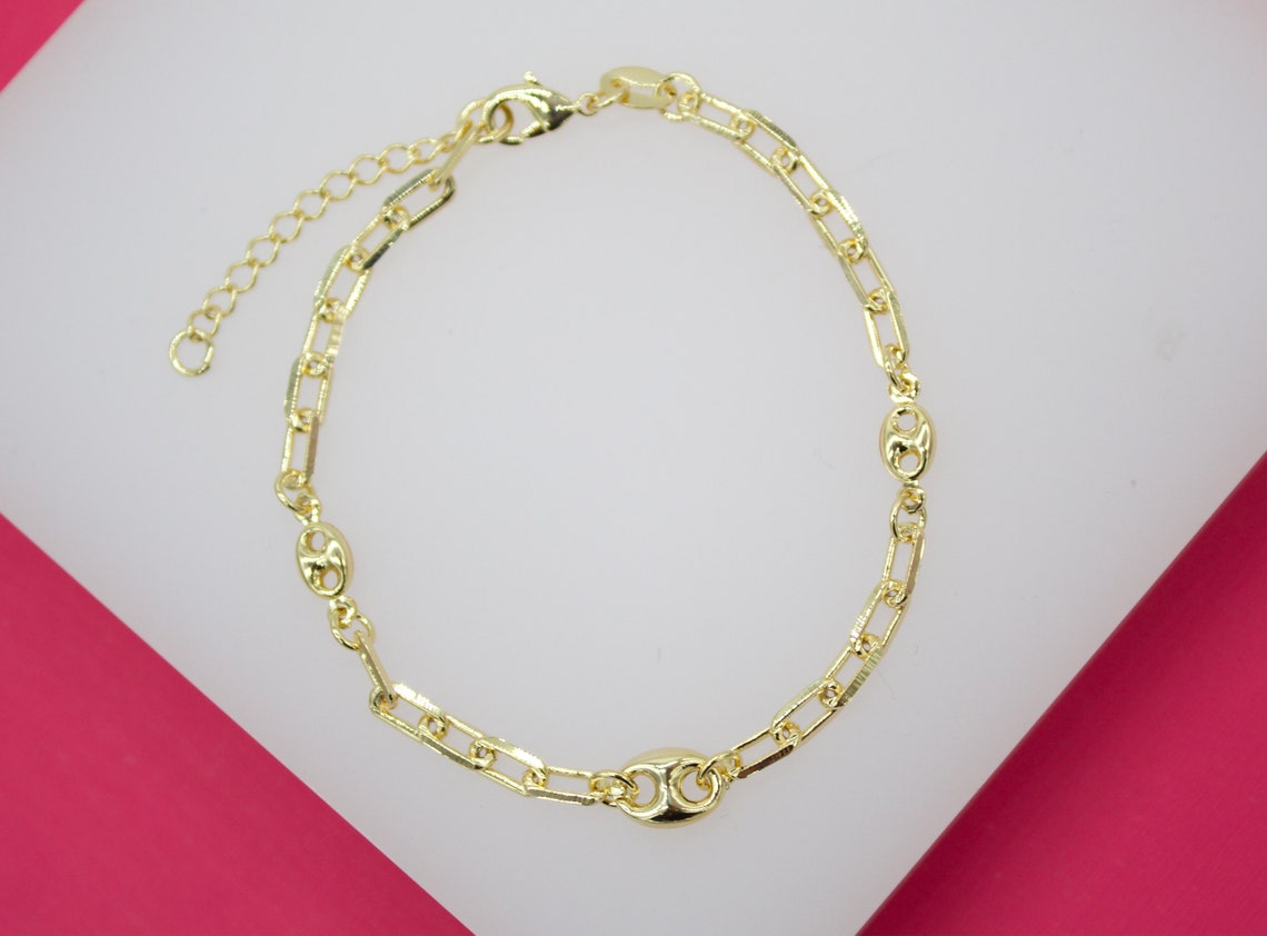 18K Gold Filled 3mm Paper Clip Bracelet with Puffy Mariner Links (I333)