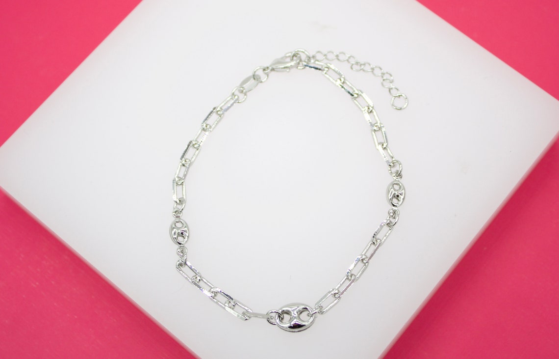 18K Gold Filled 3mm Paper Clip Bracelet with Puffy Mariner Links (I333)