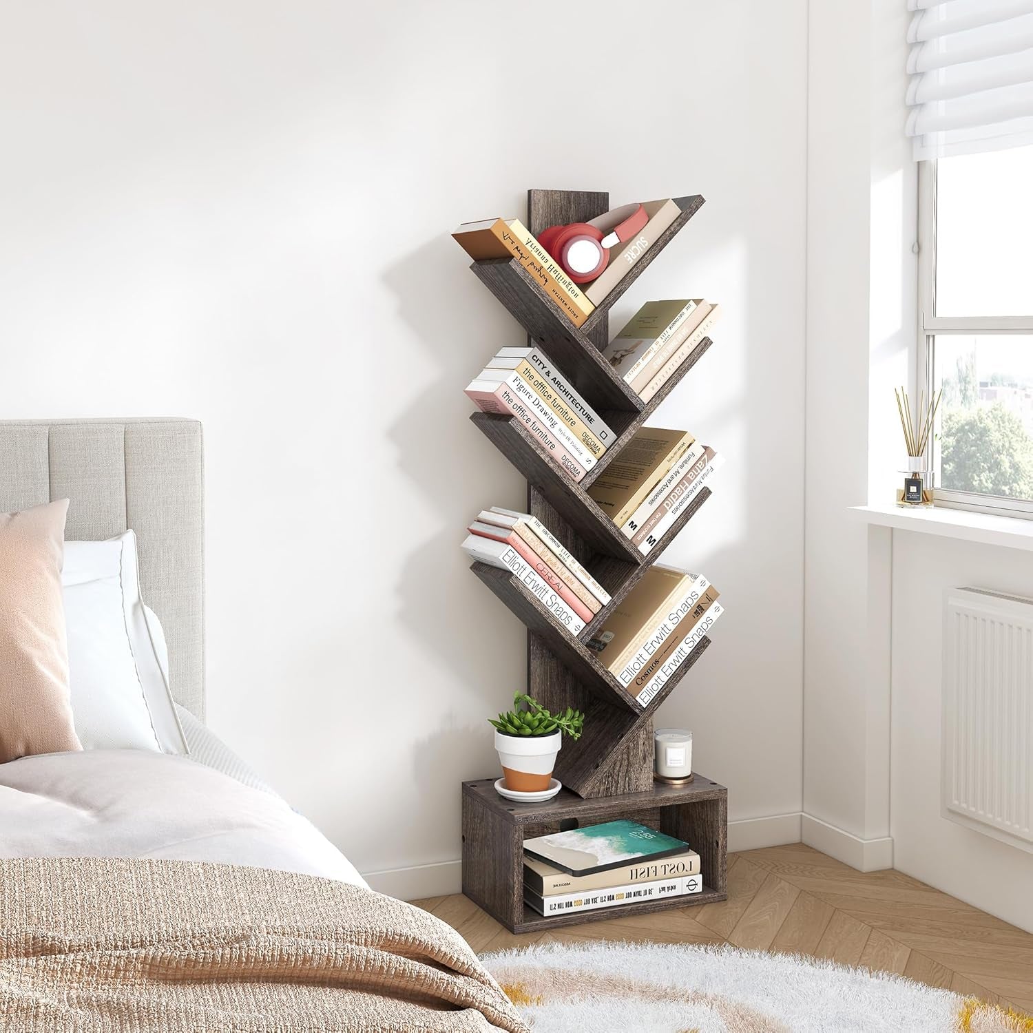 6 Tier Tree Bookshelf Bookcase With Drawer Grey Office