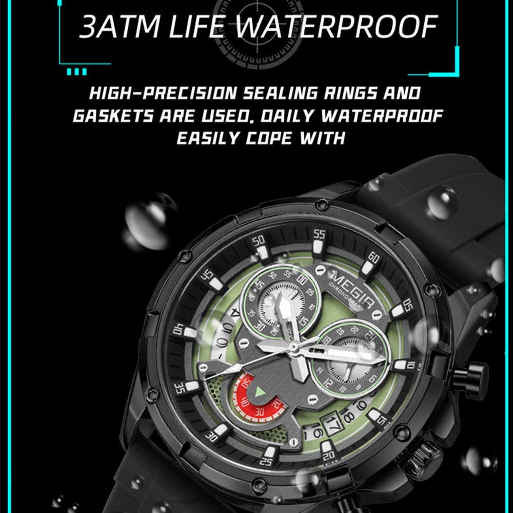 MEGIR Men's Sport Watches Silicone Strap Military Quartz Chronograph Waterproof Luminous Wristwatch 24-hour Auto Date Reloj Hombre 2248