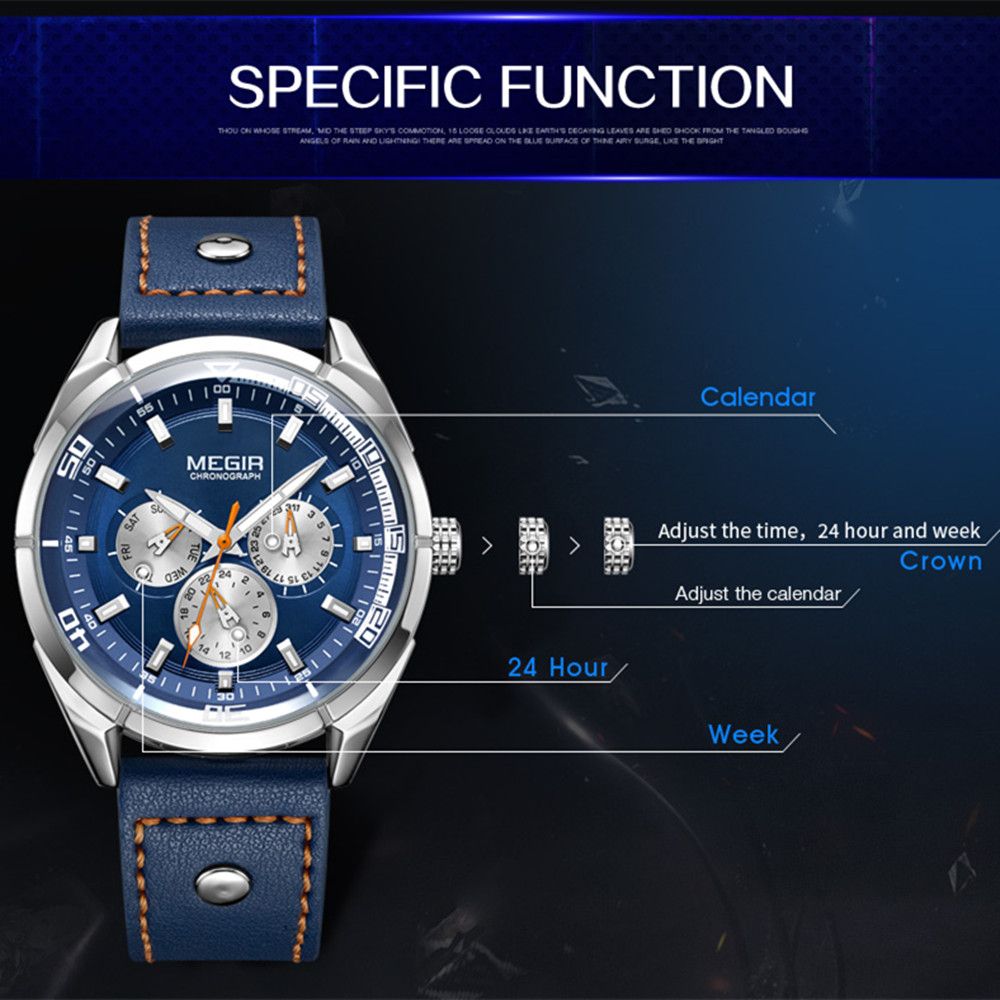 MEGIR Fashion Quartz Chronograph Watch for Men Leather Strap Military Sport Wristwatch Waterproof 24-hour Week Date Clock 2072