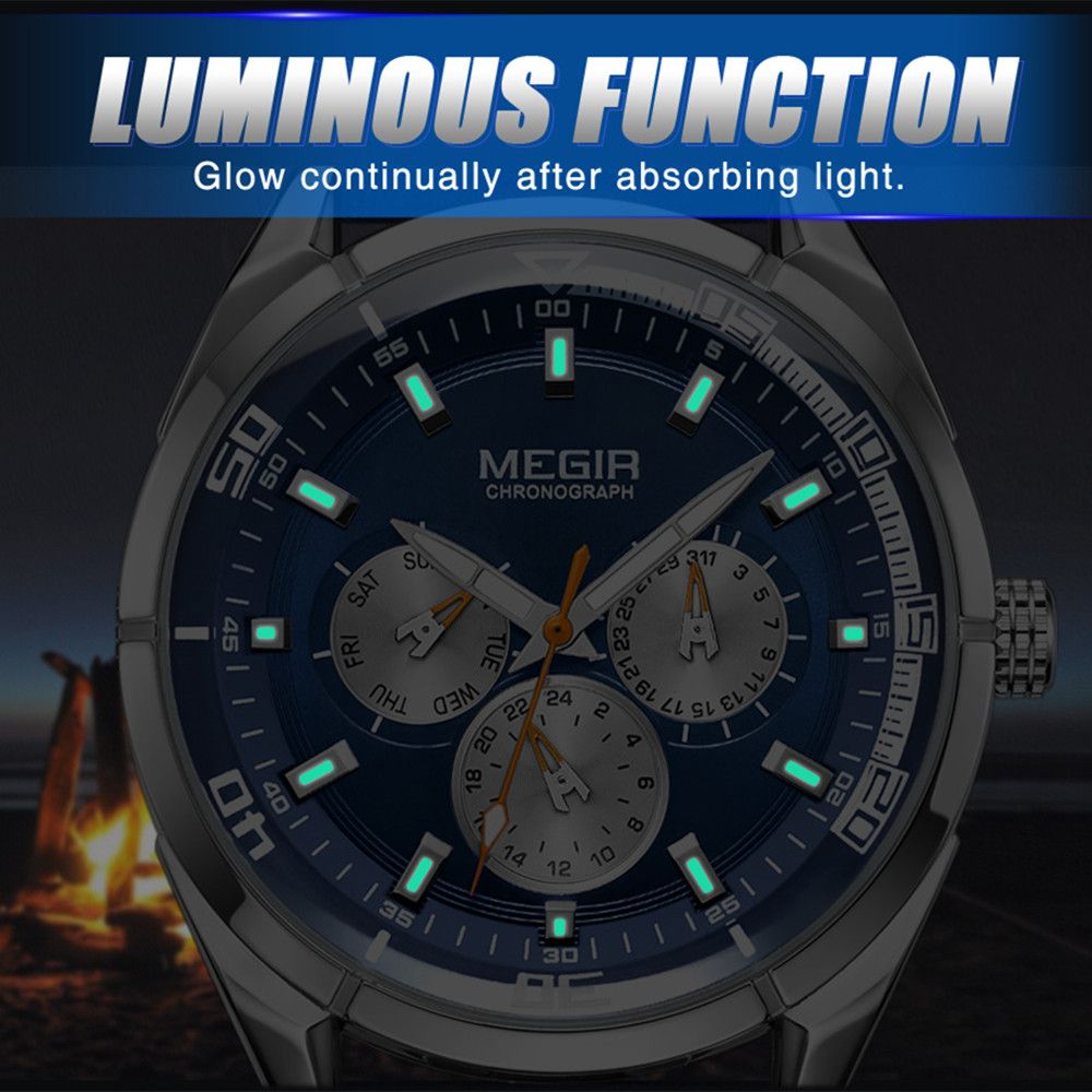 MEGIR Fashion Quartz Chronograph Watch for Men Leather Strap Military Sport Wristwatch Waterproof 24-hour Week Date Clock 2072