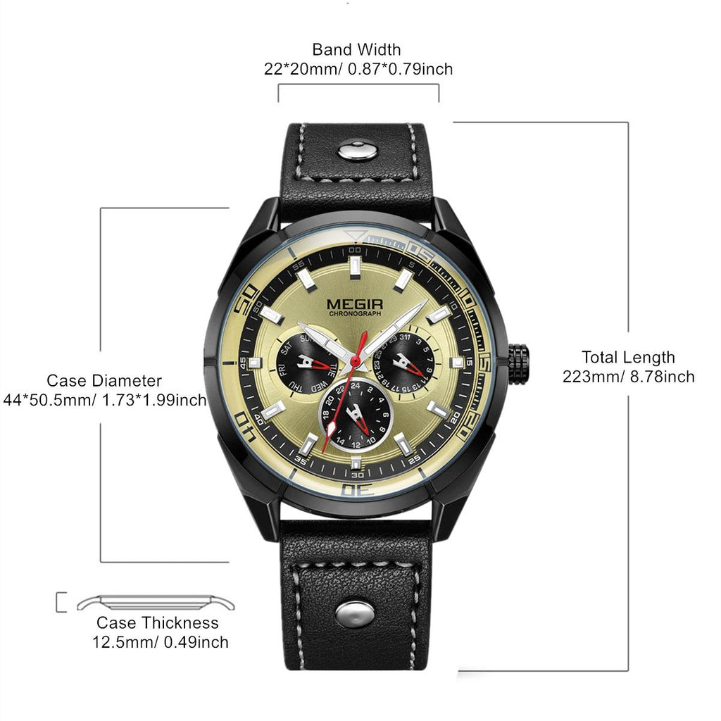 MEGIR Fashion Quartz Chronograph Watch for Men Leather Strap Military Sport Wristwatch Waterproof 24-hour Week Date Clock 2072