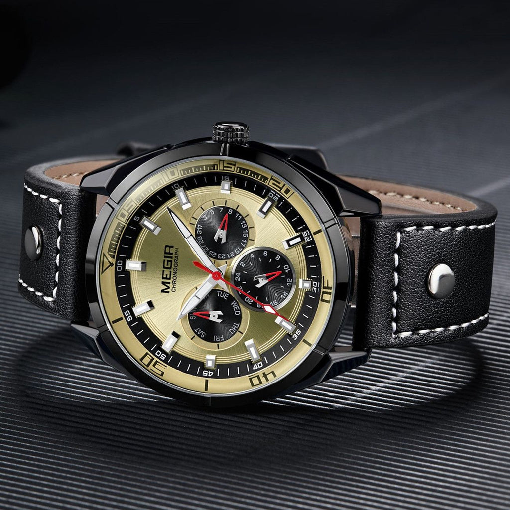 MEGIR Fashion Quartz Chronograph Watch for Men Leather Strap Military Sport Wristwatch Waterproof 24-hour Week Date Clock 2072